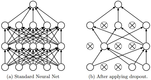 图 1：来自论文 "Dropout: A Simple Way to Prevent Neural Networks from
Overfitting" (https://www.cs.toronto.edu/~hinton/absps/JMLRdropout.pdf)