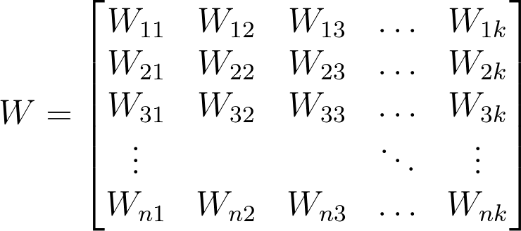 <span class='mathquill'>W</span> is now a *n* by *k* matrix - input features by number of outputs.